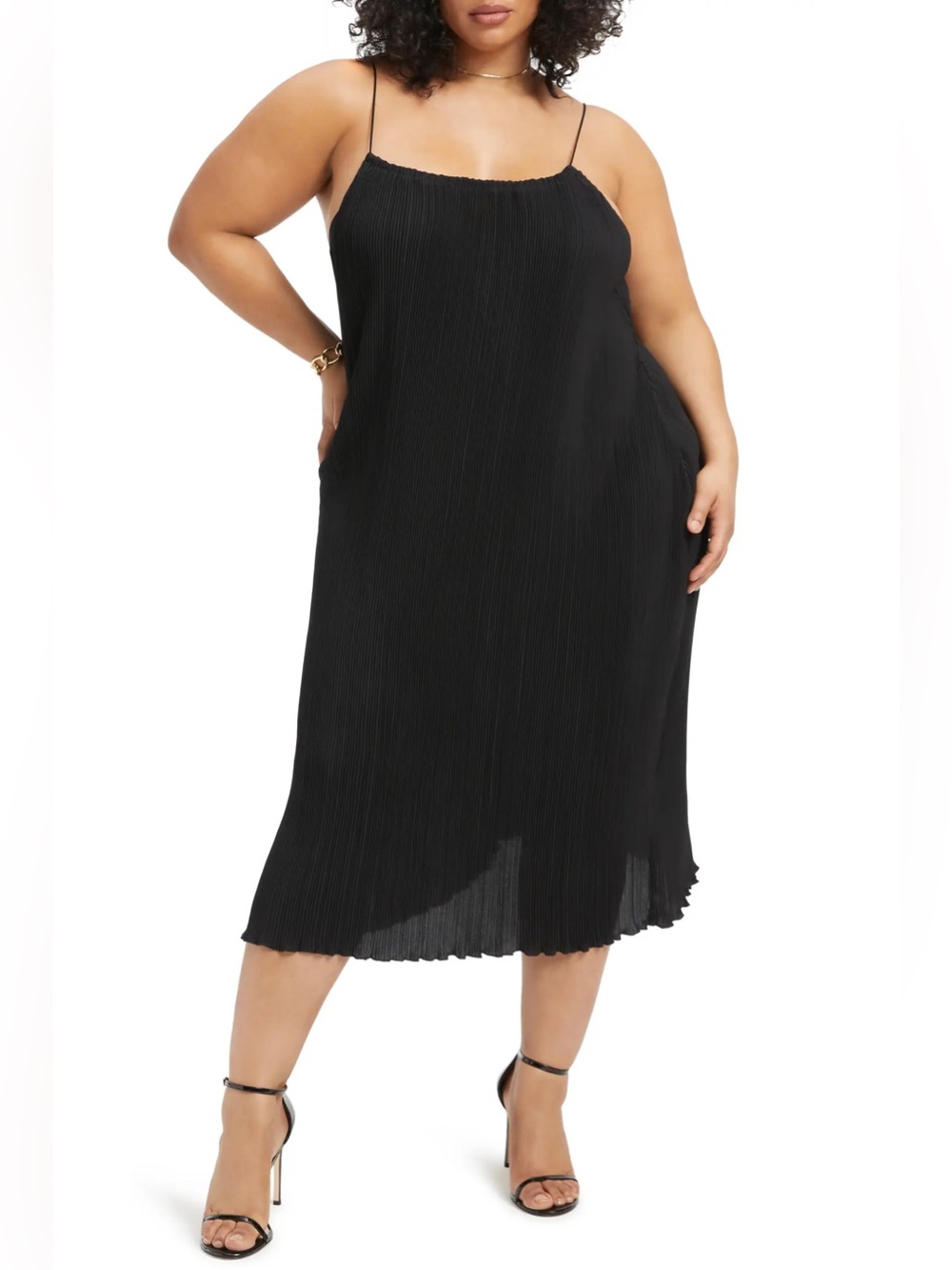 Good American Black Plissé Midi Dress
